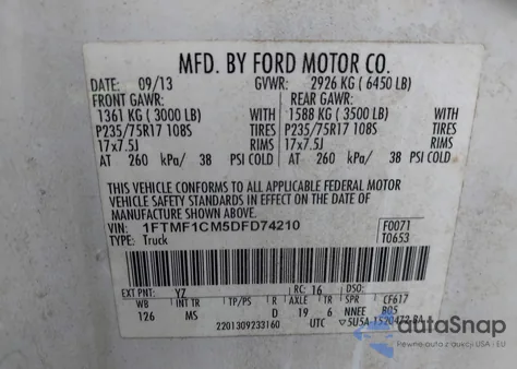 2013 Ford F-150 Xlt из США, поврежденный, VIN 1FTMF1CM5DFD74210